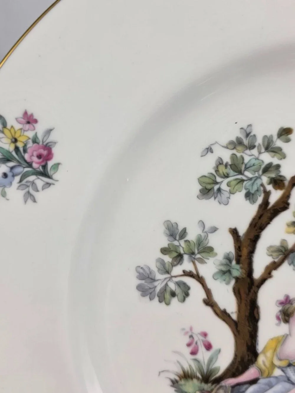 TWO Royal Worcester Watteau Luncheon Plates People in Center with Flowers & Tree